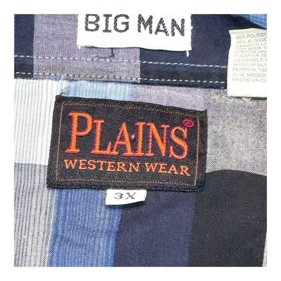 Plaid Big Man Western Shirt 3X By Plains Western Wear Blue & Black Pearl Snap - Picture 2 of 4